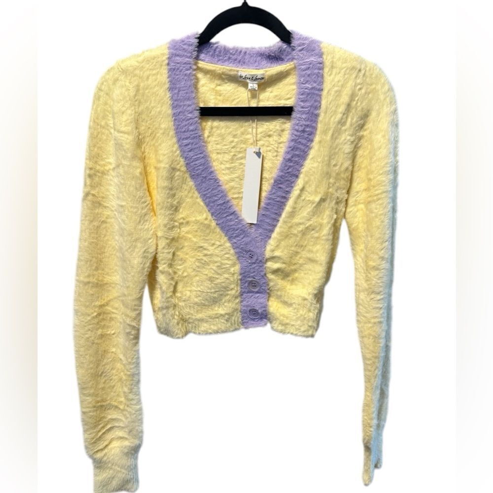 NWT For Love & Lemons Women’s Stella Yellow Purple Cropped Cardigan Sweater - L - Picture 8 of 10